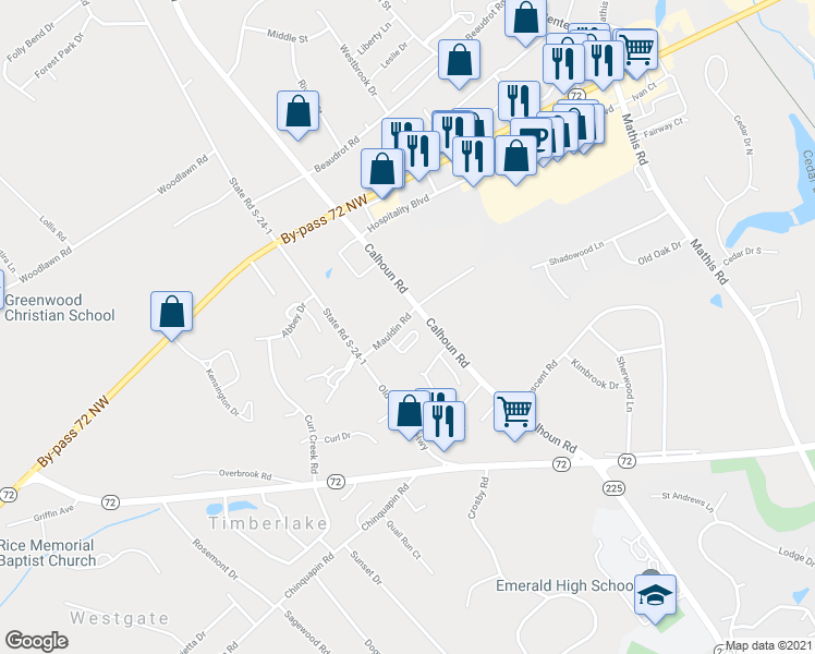 map of restaurants, bars, coffee shops, grocery stores, and more near 212 Woodhaven Court in Greenwood