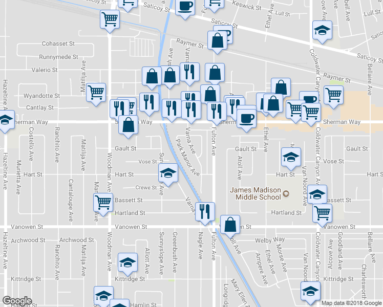 map of restaurants, bars, coffee shops, grocery stores, and more near 7059 Varna Avenue in Los Angeles