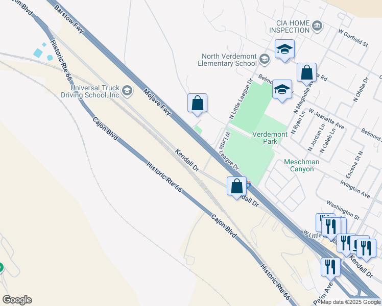 map of restaurants, bars, coffee shops, grocery stores, and more near 19768 Kendall Drive in San Bernardino