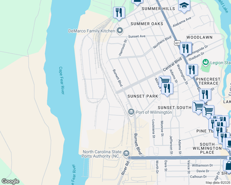 map of restaurants, bars, coffee shops, grocery stores, and more near 2098 Polk Street in Wilmington