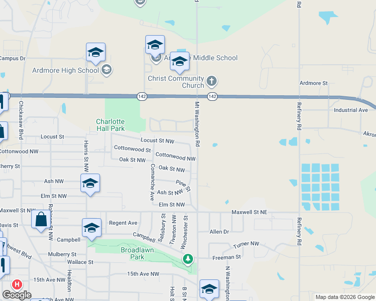 map of restaurants, bars, coffee shops, grocery stores, and more near 403 Cottonwood Street in Ardmore