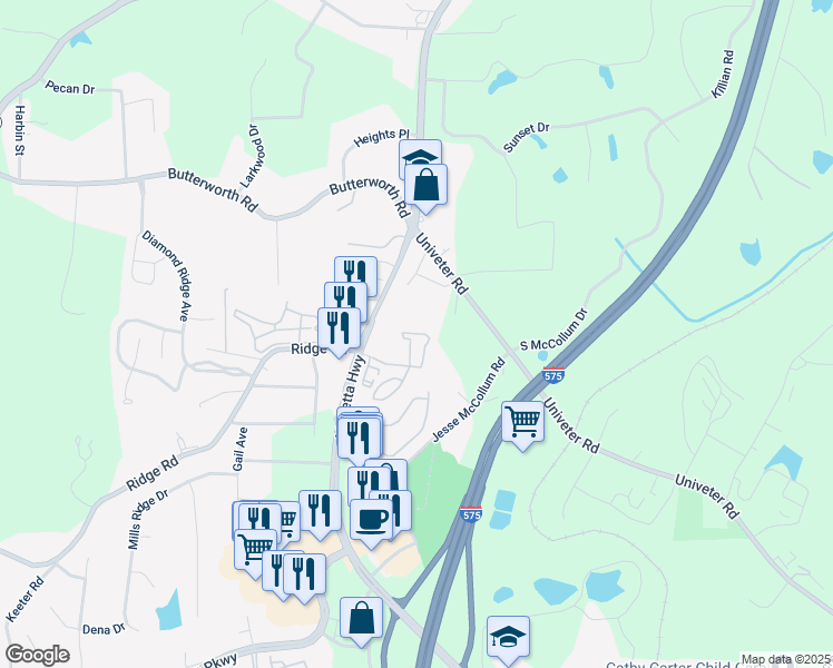 map of restaurants, bars, coffee shops, grocery stores, and more near 101 Canterbury Ridge Parkway in Canton