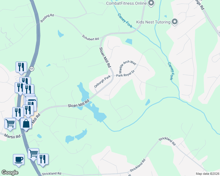 map of restaurants, bars, coffee shops, grocery stores, and more near 4424 Longmead Road in Flowery Branch