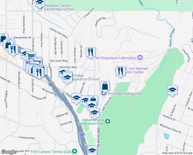 map of restaurants, bars, coffee shops, grocery stores, and more near 4626 Viro Road in La Cañada Flintridge