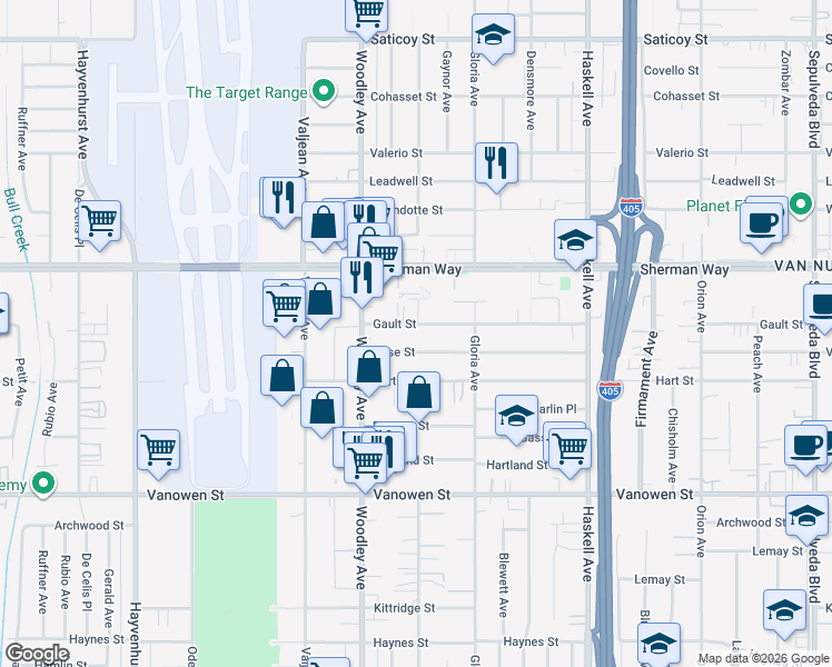 map of restaurants, bars, coffee shops, grocery stores, and more near 16017 Vose Street in Los Angeles