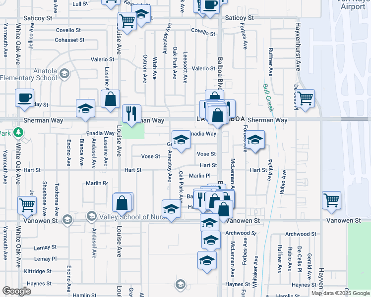 map of restaurants, bars, coffee shops, grocery stores, and more near 17000 Gault Street in Los Angeles