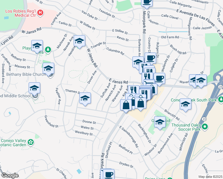 map of restaurants, bars, coffee shops, grocery stores, and more near 1543 Norwich Avenue in Thousand Oaks