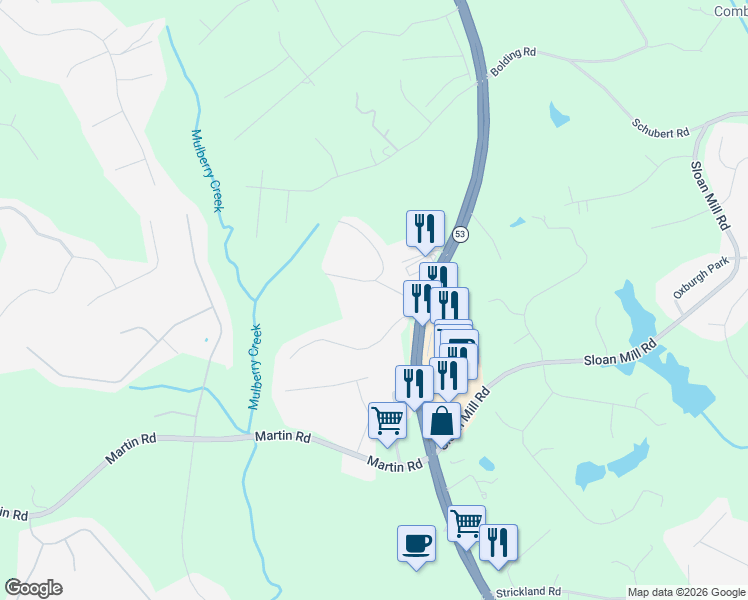 map of restaurants, bars, coffee shops, grocery stores, and more near 4020 Chestnut Drive in Flowery Branch