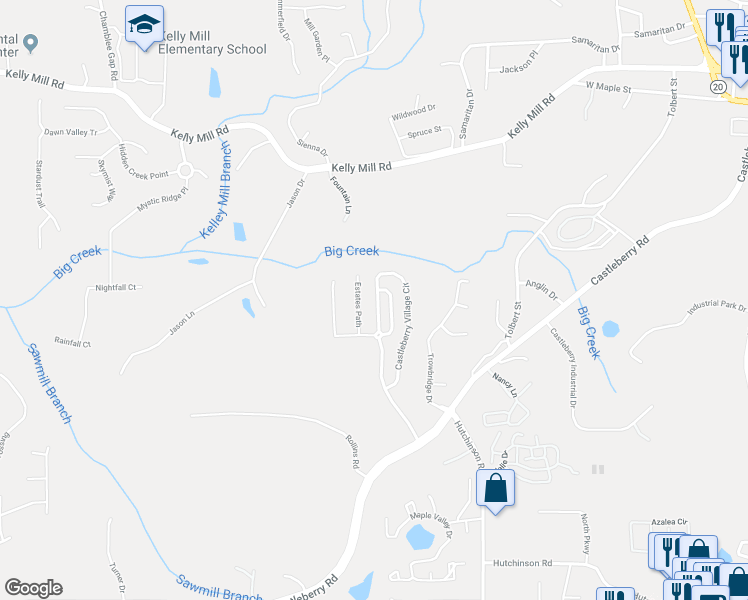 map of restaurants, bars, coffee shops, grocery stores, and more near 3508 Castleberry Village Circle in Cumming