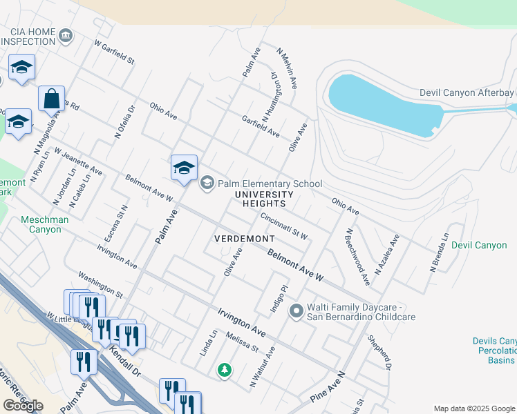 map of restaurants, bars, coffee shops, grocery stores, and more near 2772 Cincinnati Street West in San Bernardino