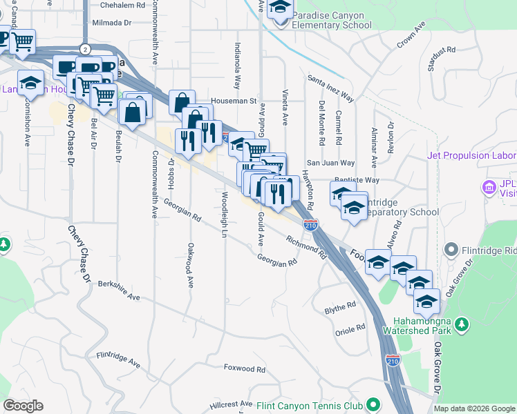 map of restaurants, bars, coffee shops, grocery stores, and more near 4455 Gould Avenue in La Cañada Flintridge