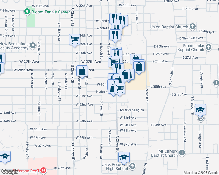 map of restaurants, bars, coffee shops, grocery stores, and more near 604 Hudson Avenue in Pine Bluff