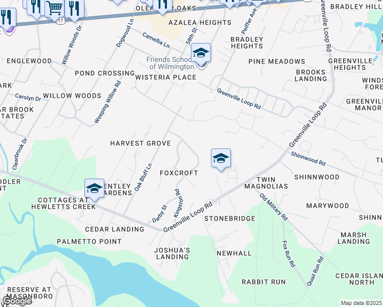 map of restaurants, bars, coffee shops, grocery stores, and more near 405 Kingston Road in Wilmington