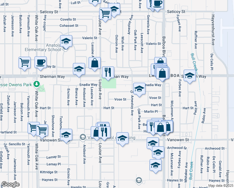 map of restaurants, bars, coffee shops, grocery stores, and more near 17157 Vose Street in Los Angeles