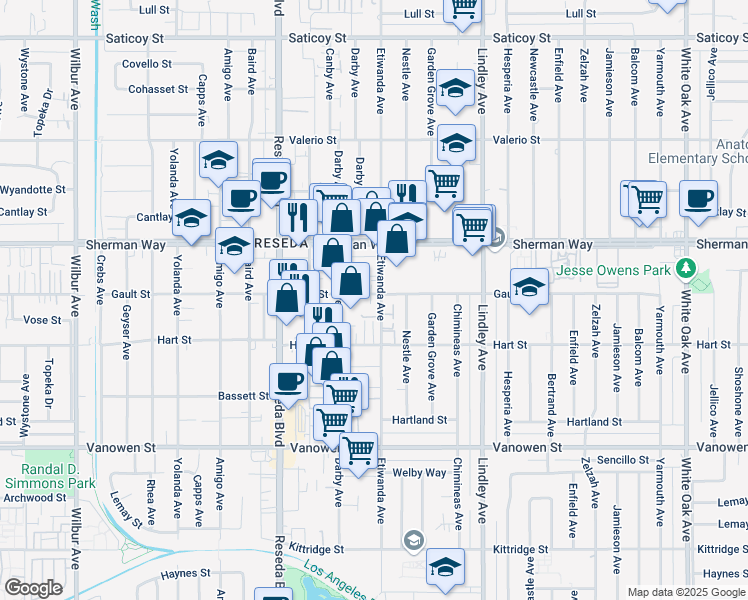 map of restaurants, bars, coffee shops, grocery stores, and more near 7034 Etiwanda Avenue in Los Angeles