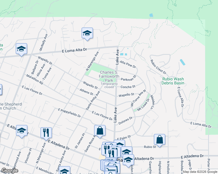 map of restaurants, bars, coffee shops, grocery stores, and more near 608 Concha Street in Altadena