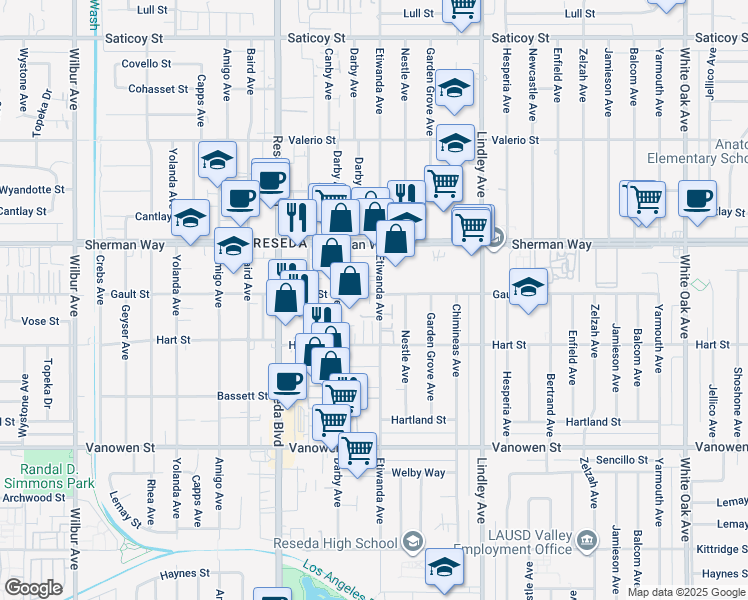 map of restaurants, bars, coffee shops, grocery stores, and more near 7055 Etiwanda Avenue in Los Angeles