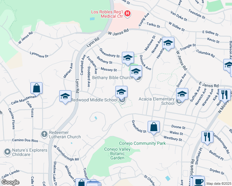 map of restaurants, bars, coffee shops, grocery stores, and more near 1467 Oberlin Avenue in Thousand Oaks