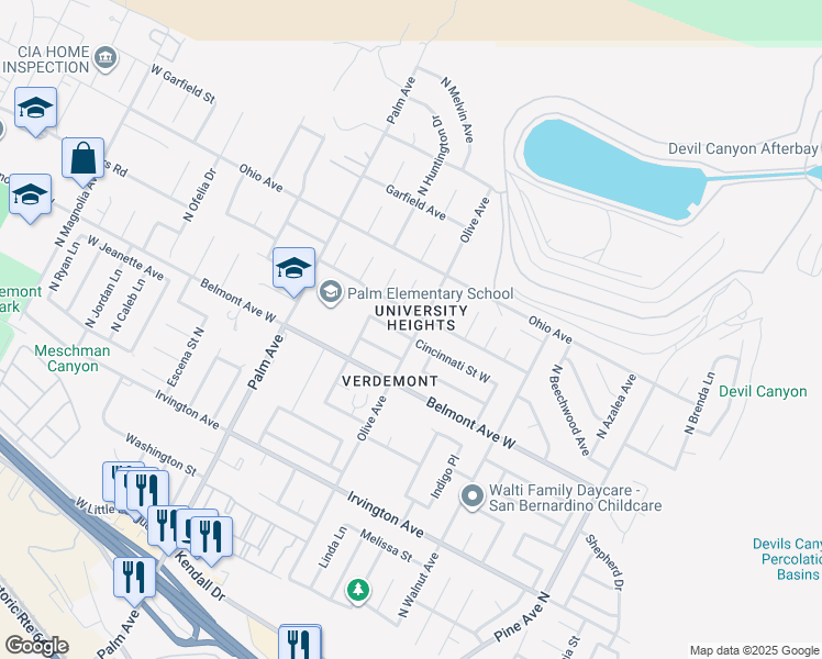 map of restaurants, bars, coffee shops, grocery stores, and more near 2772 Cincinnati Street West in San Bernardino