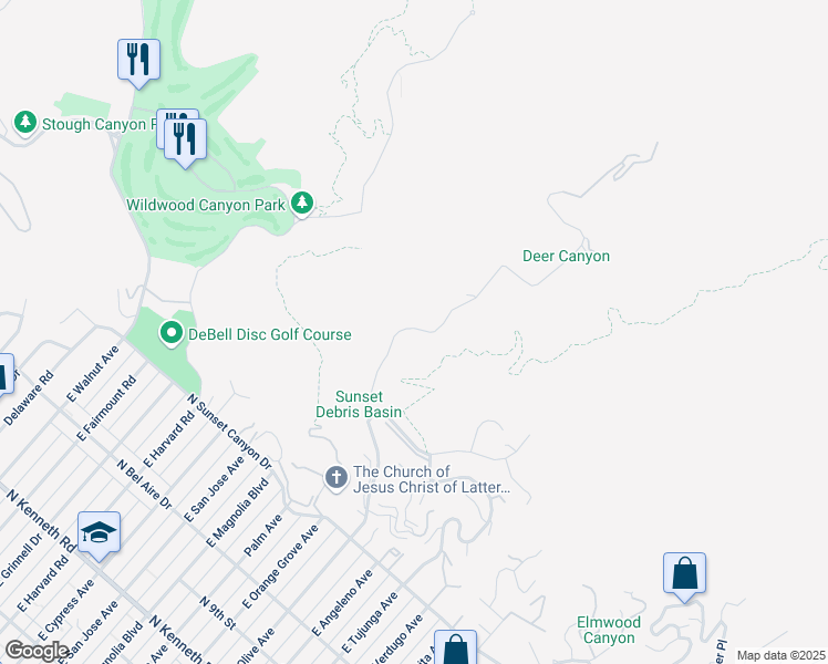 map of restaurants, bars, coffee shops, grocery stores, and more near 660 Country Club Drive in Burbank