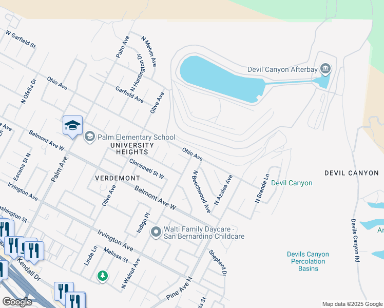 map of restaurants, bars, coffee shops, grocery stores, and more near 2555 Ohio Avenue in San Bernardino