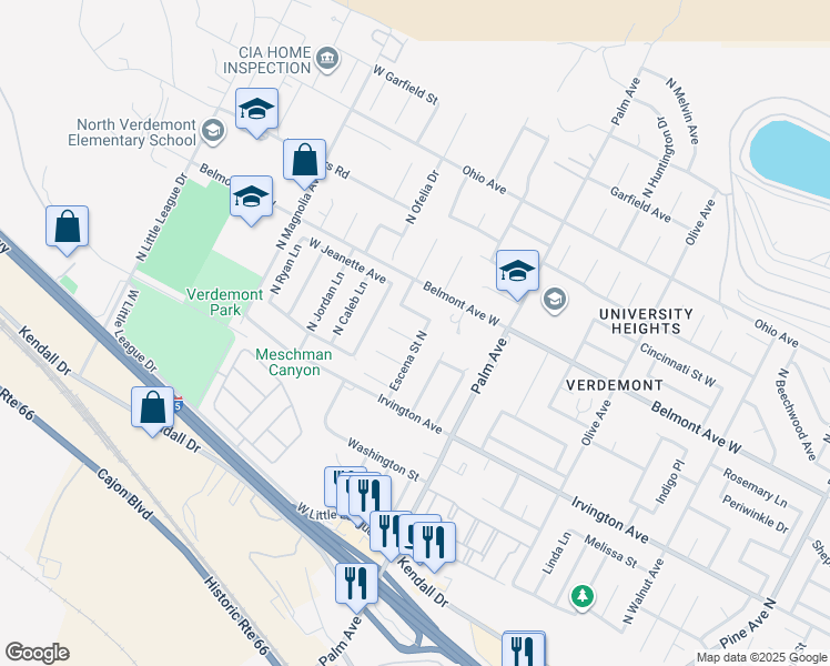 map of restaurants, bars, coffee shops, grocery stores, and more near 3183 Shepard Lane in San Bernardino
