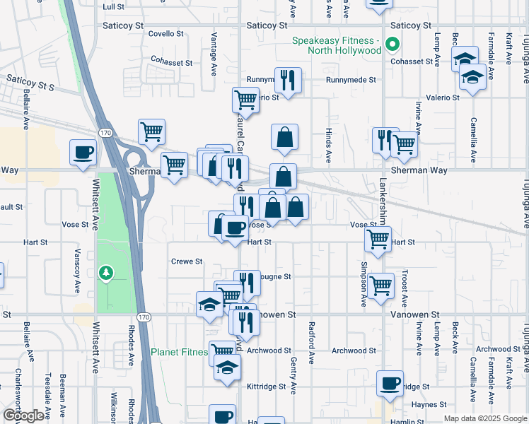 map of restaurants, bars, coffee shops, grocery stores, and more near 12019 Vose Street in Los Angeles