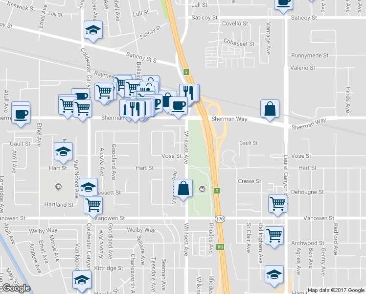 map of restaurants, bars, coffee shops, grocery stores, and more near 7039 Whitsett Avenue in Los Angeles