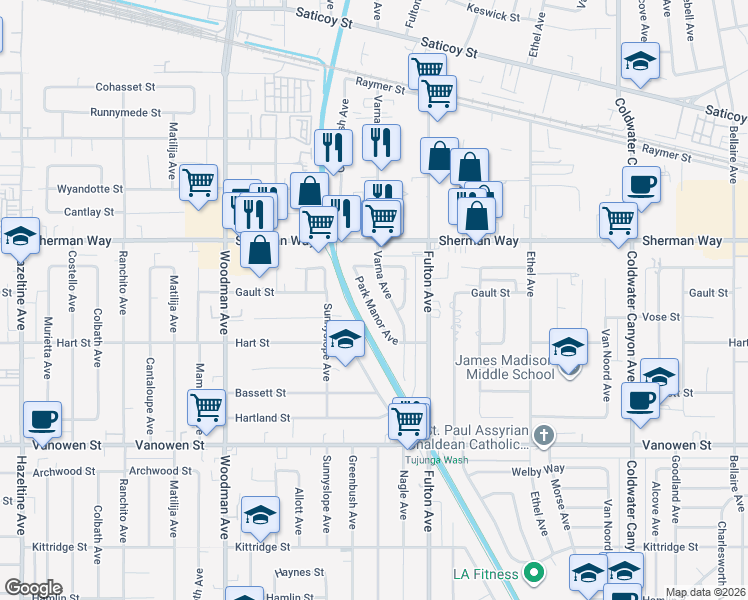 map of restaurants, bars, coffee shops, grocery stores, and more near 7055 Park Manor Avenue in Los Angeles