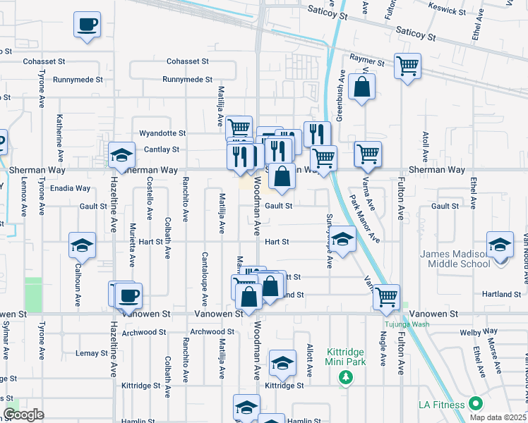 map of restaurants, bars, coffee shops, grocery stores, and more near 7040 Woodman Avenue in Los Angeles