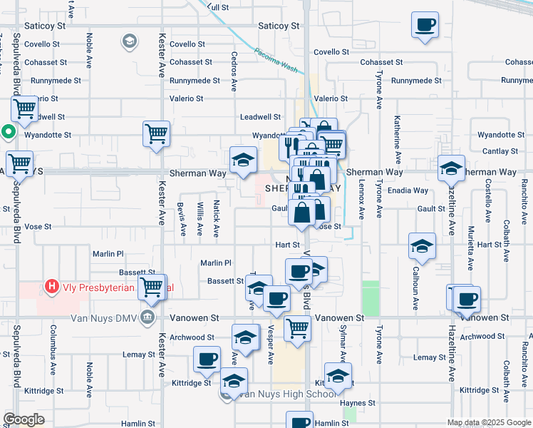 map of restaurants, bars, coffee shops, grocery stores, and more near 14551 Vose Street in Los Angeles