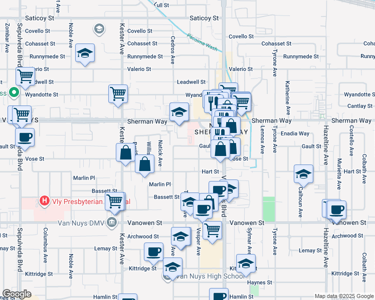 map of restaurants, bars, coffee shops, grocery stores, and more near 14629 Vose Street in Los Angeles