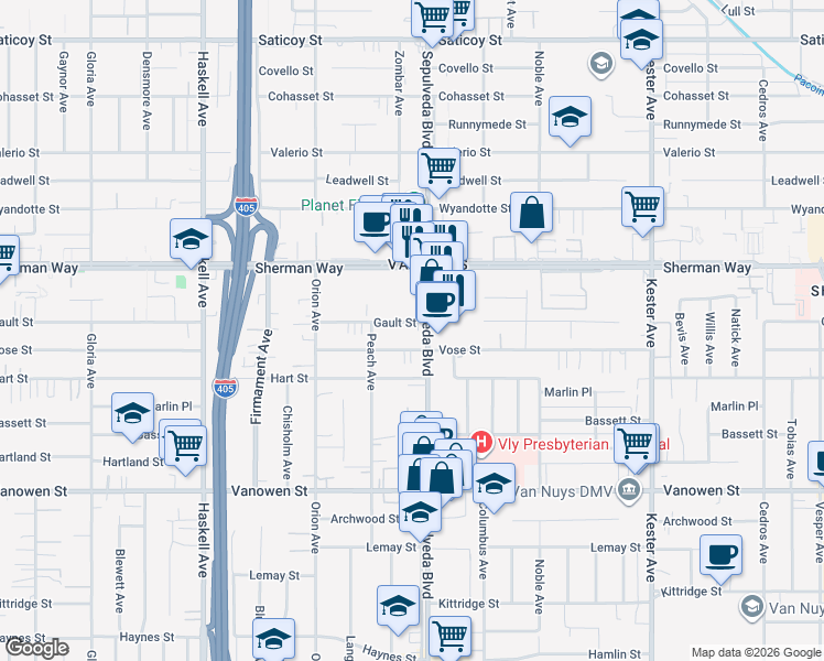 map of restaurants, bars, coffee shops, grocery stores, and more near 7101 Vose Street in Los Angeles