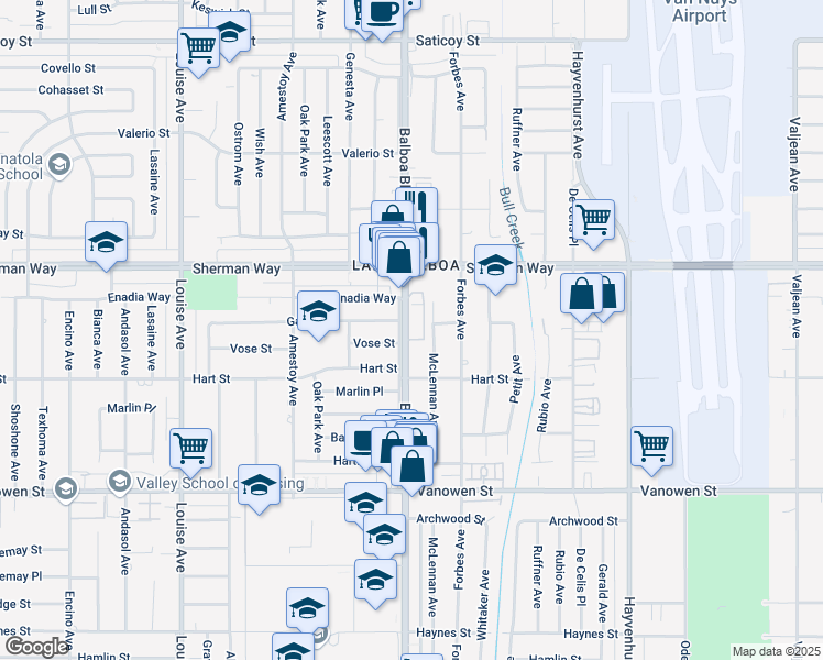 map of restaurants, bars, coffee shops, grocery stores, and more near 16900 Vose Street in Los Angeles