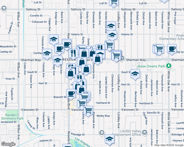 map of restaurants, bars, coffee shops, grocery stores, and more near 7034 Etiwanda Avenue in Los Angeles