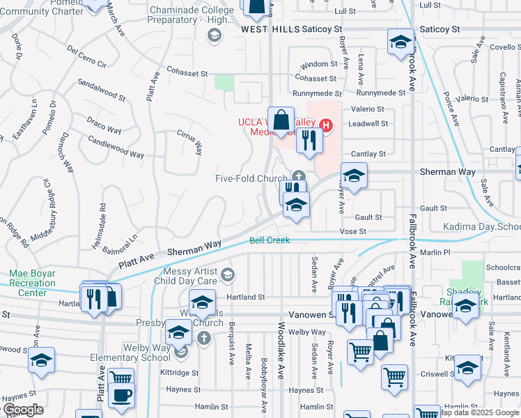 map of restaurants, bars, coffee shops, grocery stores, and more near 7130 Atheling Way in Los Angeles