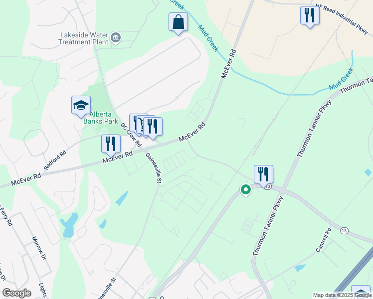 map of restaurants, bars, coffee shops, grocery stores, and more near 5185 Parkwood Dirve in Flowery Branch