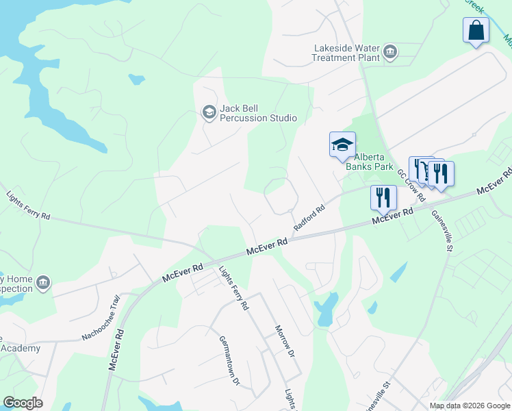 map of restaurants, bars, coffee shops, grocery stores, and more near 5764 Blossom Brook Court in Flowery Branch