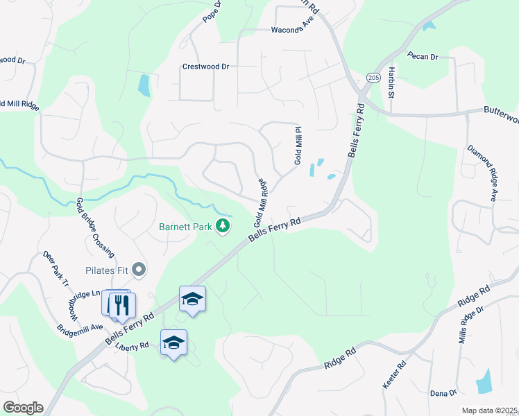 map of restaurants, bars, coffee shops, grocery stores, and more near 301 Downing Creek Trail in Canton