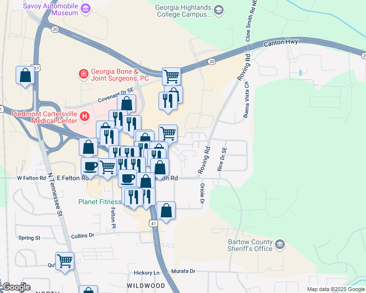 map of restaurants, bars, coffee shops, grocery stores, and more near 22 Maple Ridge Drive in Cartersville