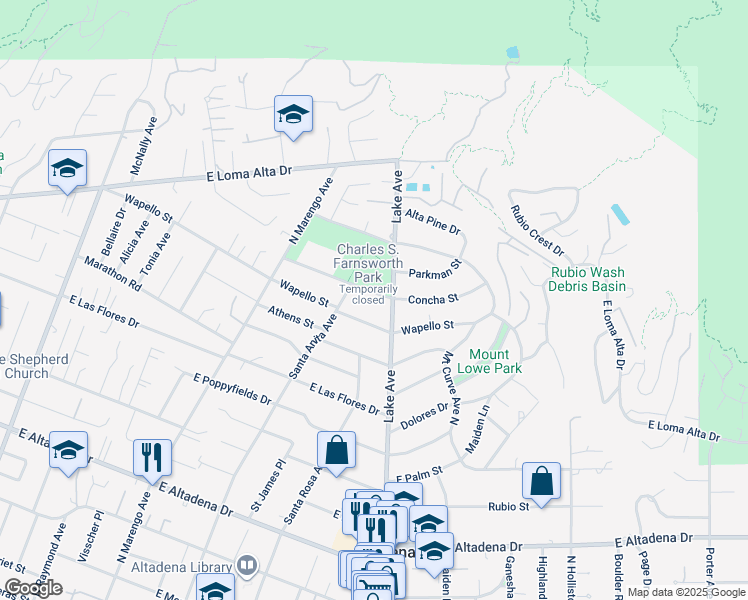 map of restaurants, bars, coffee shops, grocery stores, and more near 618 Concha Street in Altadena