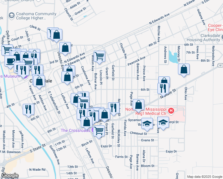map of restaurants, bars, coffee shops, grocery stores, and more near 619 Garfield St in Clarksdale