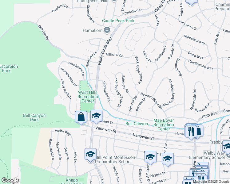 map of restaurants, bars, coffee shops, grocery stores, and more near 7101 Scarborough Peak Drive in Los Angeles