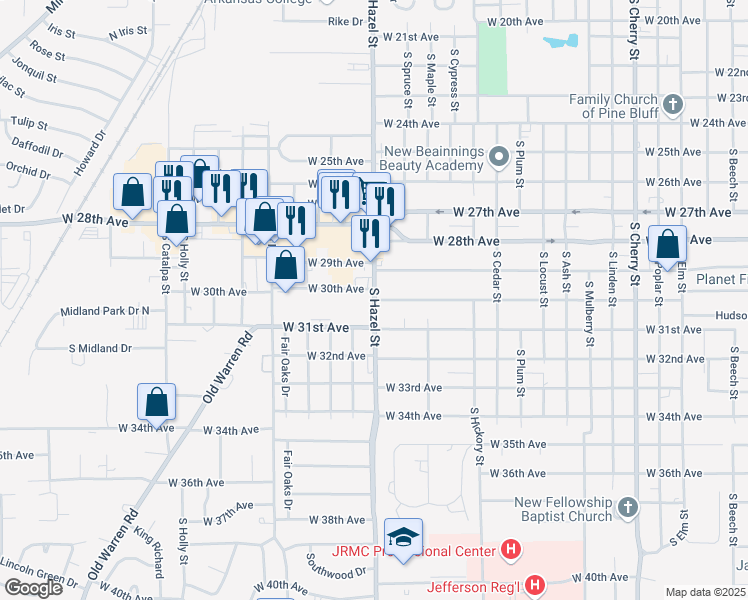 map of restaurants, bars, coffee shops, grocery stores, and more near 3010 South Hazel Street in Pine Bluff