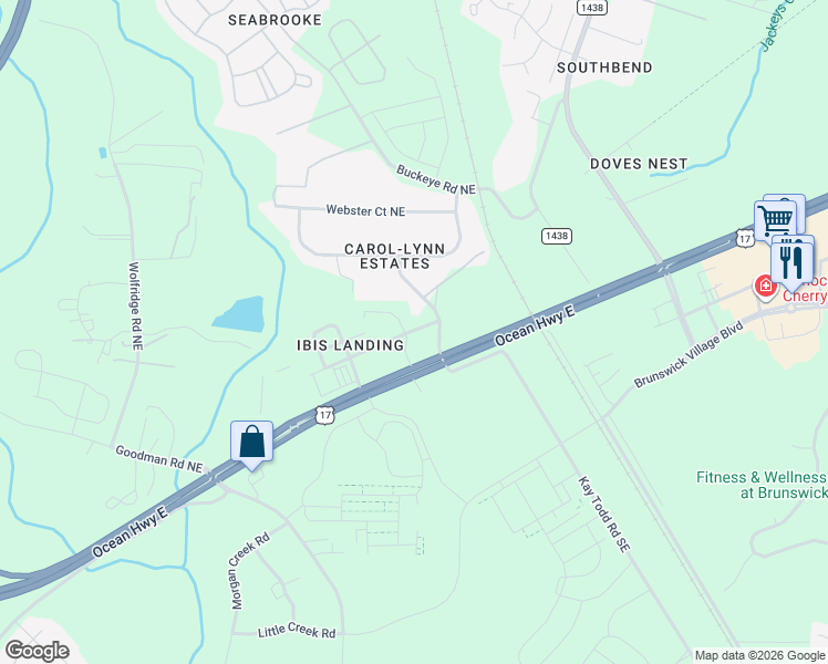 map of restaurants, bars, coffee shops, grocery stores, and more near 8031 Ocean Highway East in Leland