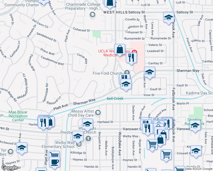 map of restaurants, bars, coffee shops, grocery stores, and more near 7142 Atheling Way in Los Angeles