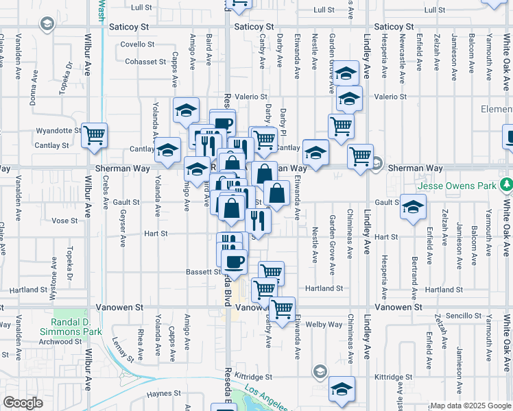 map of restaurants, bars, coffee shops, grocery stores, and more near 7030 Canby Avenue in Los Angeles