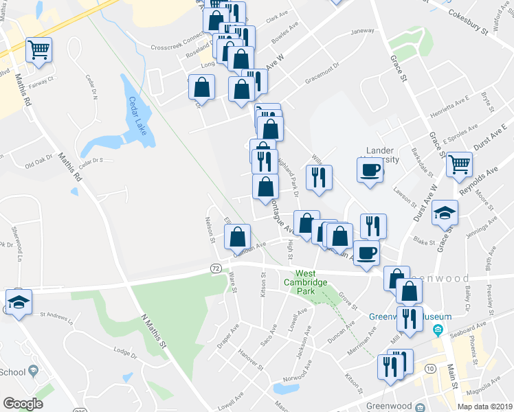 map of restaurants, bars, coffee shops, grocery stores, and more near 210 Karen Way in Greenwood