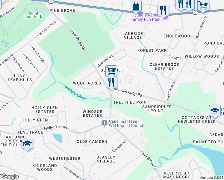 map of restaurants, bars, coffee shops, grocery stores, and more near 3306 Greenville Loop Road in Wilmington