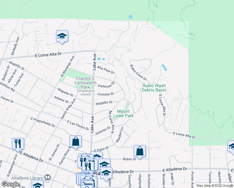 map of restaurants, bars, coffee shops, grocery stores, and more near 1052 Concha Street in Altadena